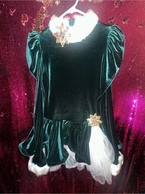 Emerald Green Velvet Holiday Dress with White Fur Trim